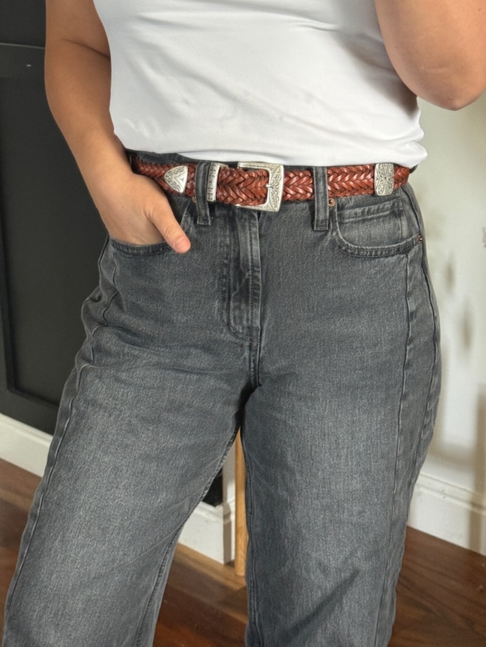 Ann Taylor 100% Genuine Leather Braided Belt Silver Concho Western Rodeo. M